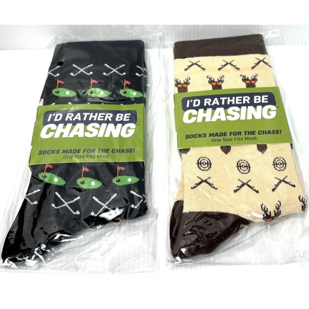 “I'd Rather Be Chasing” Socks 2pc Golf & Hunting Socks Patterns Brand New 2 Pair